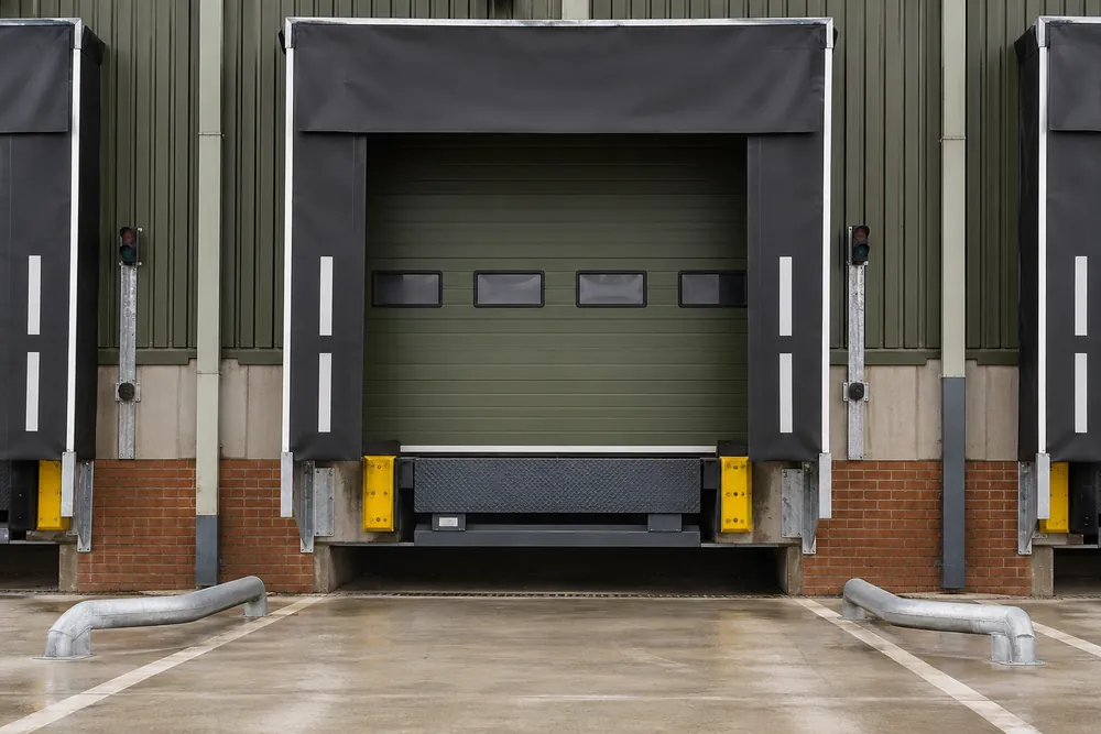 Commercial loading bay with a sectional door, dock shelter and steel leveller