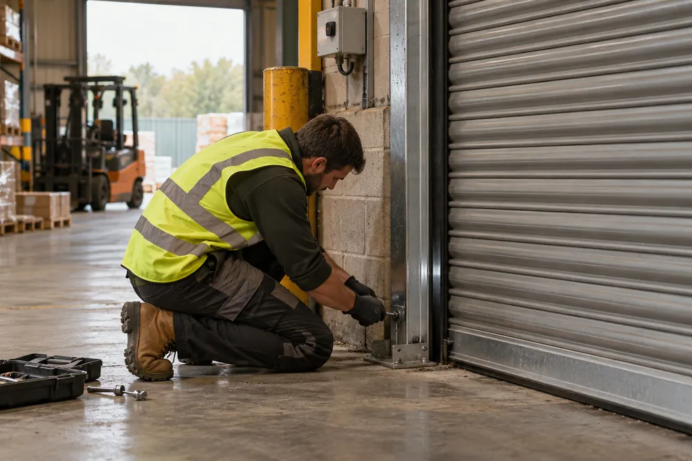 Engineer inspecting a roller shutter guide in a commercial warehouse